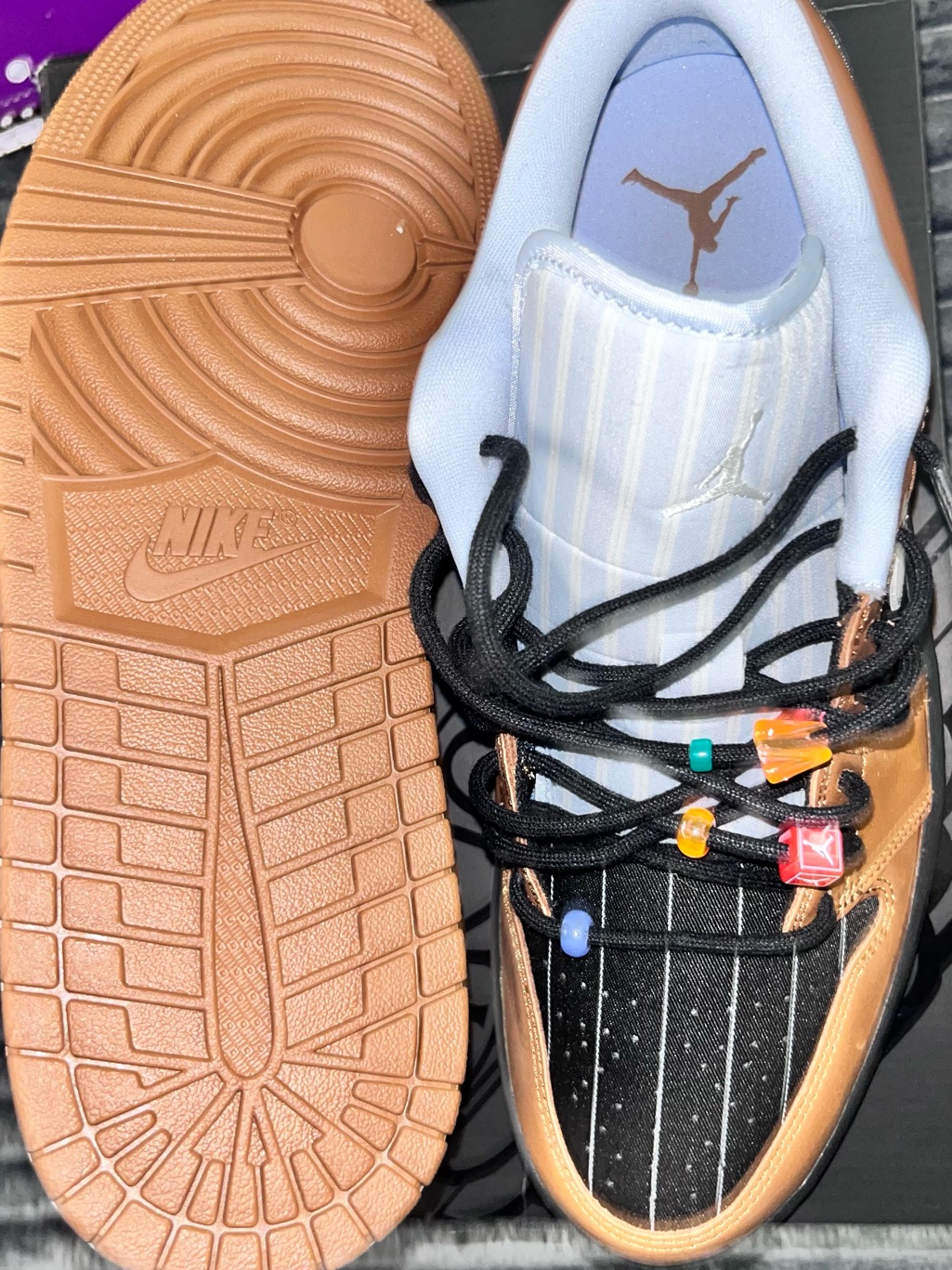 Nwt Nib Jordan 1 Low Se Black/Sail-Black Men’s 11 Pin Striped Color Lace Beads!